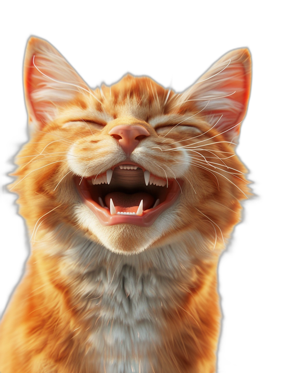 3d render of happy smiling orange cat with white teeth, black background, octane rendering, hyper realistic