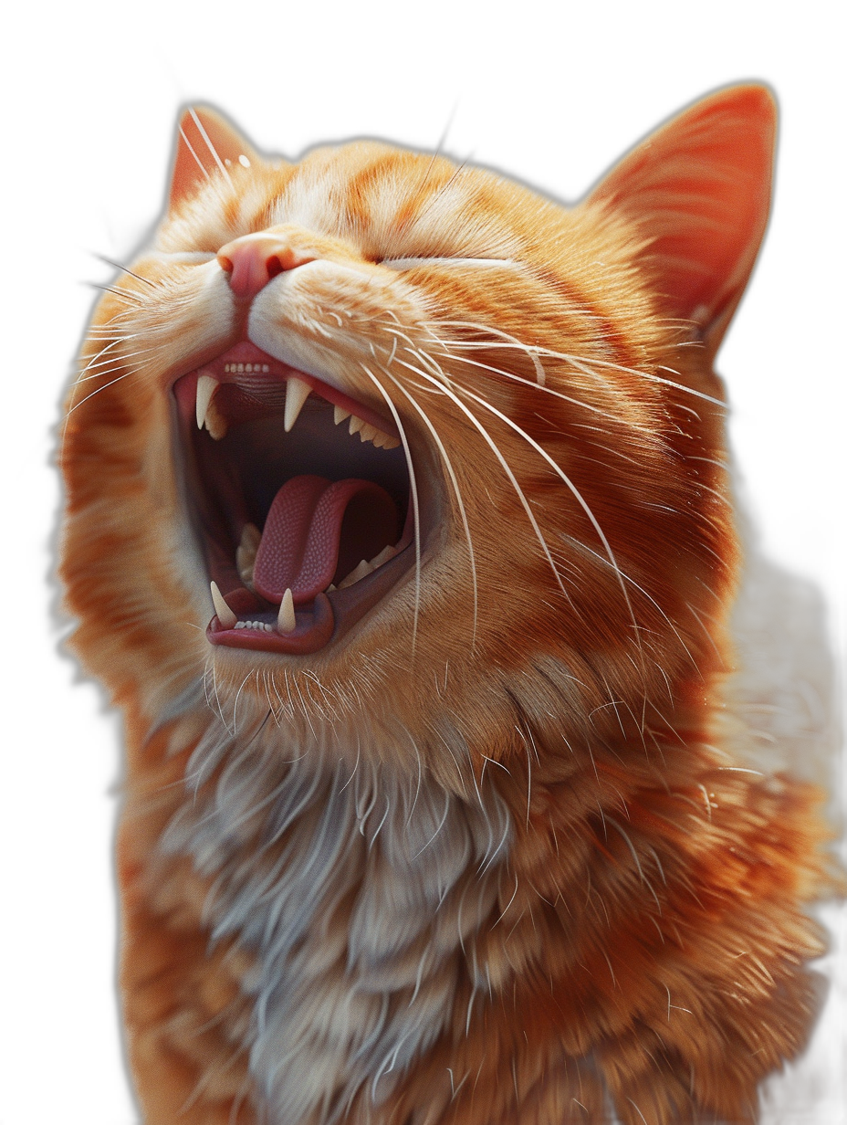 A cat with its mouth open showing teeth, photorealistic, hyper realistic, octane render, studio photo shoot, black background, ginger color, in the style of octane render.