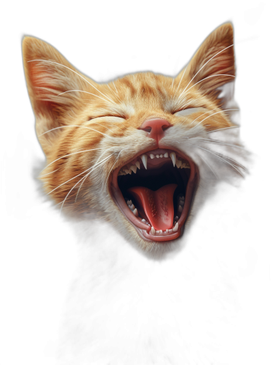 front view of happy laughing ginger cat with open mouth, pure black background, hyper realistic oil painting