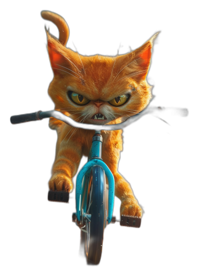 3D render of a cute orange cat riding a blue bicycle in the style of Pixar, with an angry facial expression against a black background, in the style of Pixar.