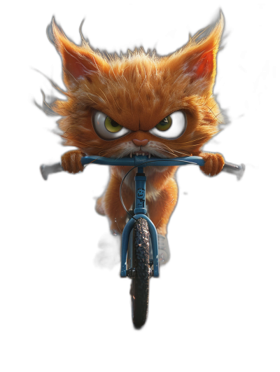 A cute ginger cat riding on the front of an electric bike, with big eyes and an angry expression, in the style of Pixar, on a black background, rendered with Octane, in high resolution photography, hyper realistic.