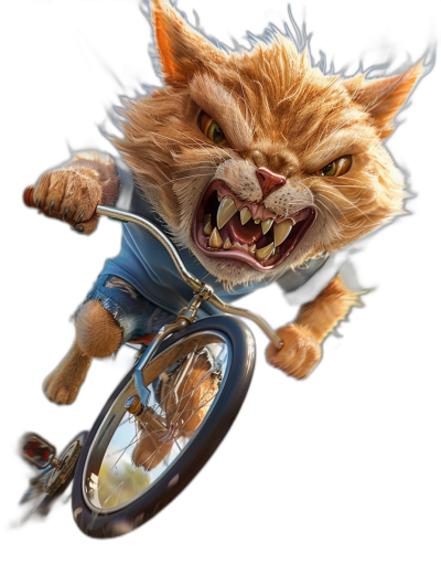 A realistic photo of an angry ginger cat riding on the front wheel of a bicycle, wearing blue jeans and a t-shirt with big teeth showing against a black background. The cat is in a dynamic pose with a side view as the flying bicycle is in the air. The photo has high resolution, high detail, and high sharpness. The lighting creates a hyperrealistic and hyper detailed style with complex cinematic lighting.