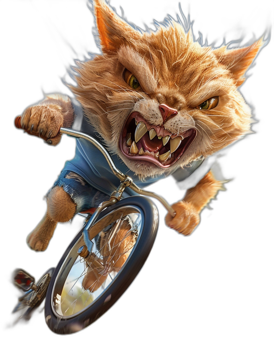 A realistic photo of an angry ginger cat riding on the front wheel of a bicycle, wearing blue jeans and a t-shirt with big teeth showing against a black background. The cat is in a dynamic pose with a side view as the flying bicycle is in the air. The photo has high resolution, high detail, and high sharpness. The lighting creates a hyperrealistic and hyper detailed style with complex cinematic lighting.