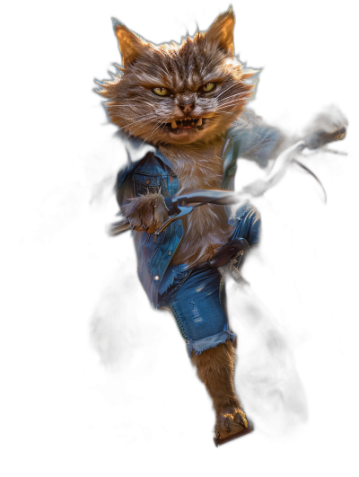 A full body photograph of an angry cat wearing blue jeans and carrying two katanas, isolated on a black background, a hyper realistic 3D game item model in the style of an unreal engine.