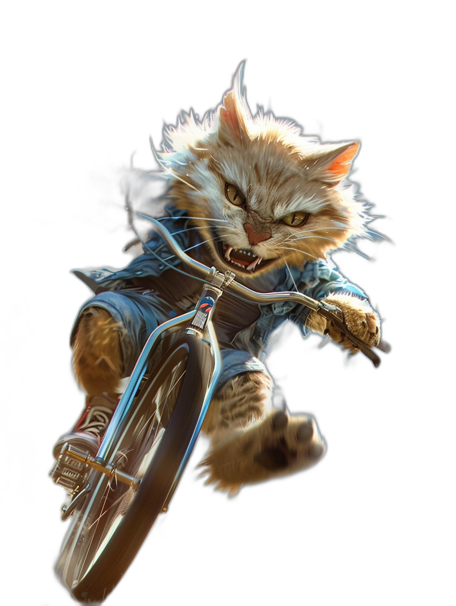 realistic cartoon photo of an angry cat dressed as a biker, riding on his bike with full gear, flying in the air against an isolated black background, in the style of high resolution photography