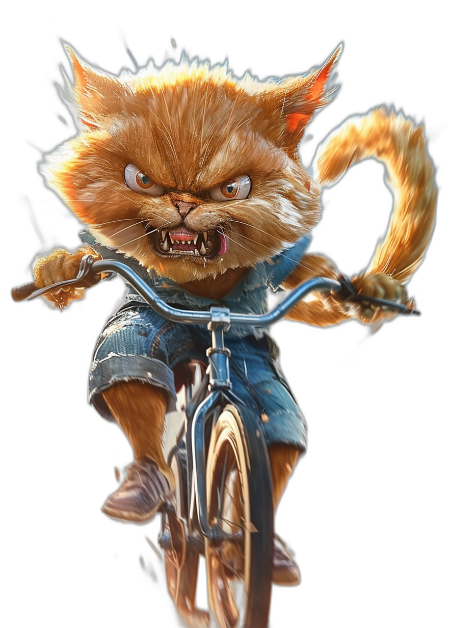 Character design of an angry ginger cat with large ears and sharp teeth wearing blue jeans riding on the front wheel of a bicycle, 3D render, black background, concept art in the style of Pixar studio.