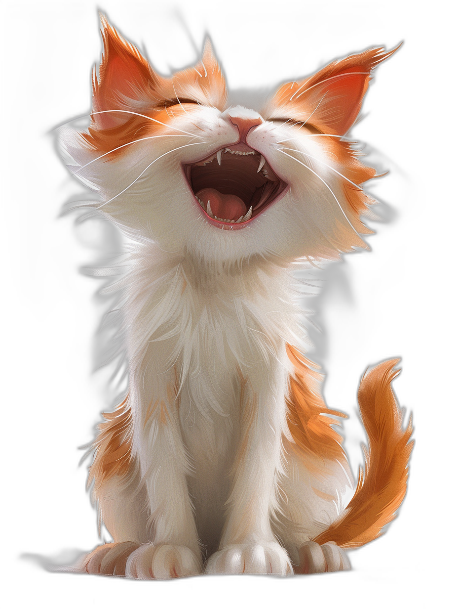 A cute happy smiling orange and white cat in a full body shot. The style is reminiscent of Pixar and Disney digital artworks. The artwork is in the style of [WLOP](https://goo.gl/search?artist%20WLOP) and [Artgerm](https://goo.gl/search?artist%20Artgerm) and appears to be a digital airbrush painting with sharp focus and studio lighting. It appears to have been rendered with octane and features a hyper realistic and detailed depiction with intricate details. The image is high resolution and isolated on a black background.