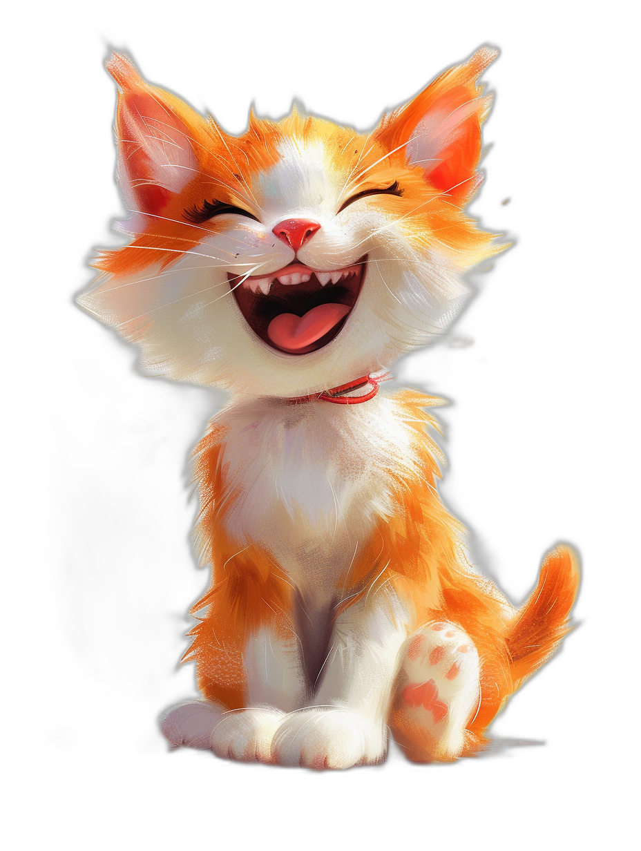 A cute orange and white cat laughing in the style of Disney, black background, 3D rendering, digital art, high resolution image, bright colors, adorable character design.