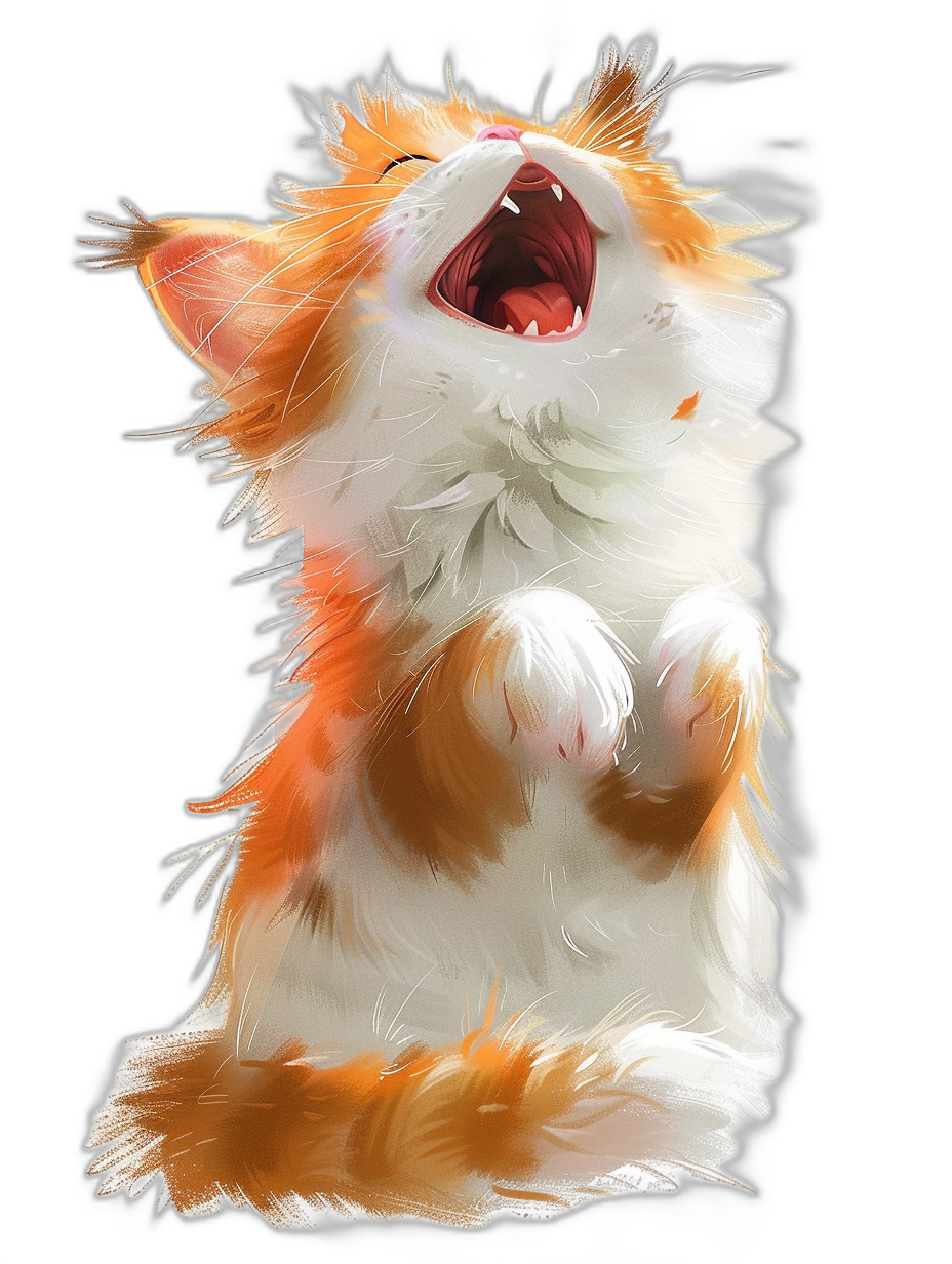 An illustration of an orange and white cat meowing with its mouth open, cute and adorable. A digital painting in the style of concept art, smooth with sharp focus and high resolution on a black background in soft light.