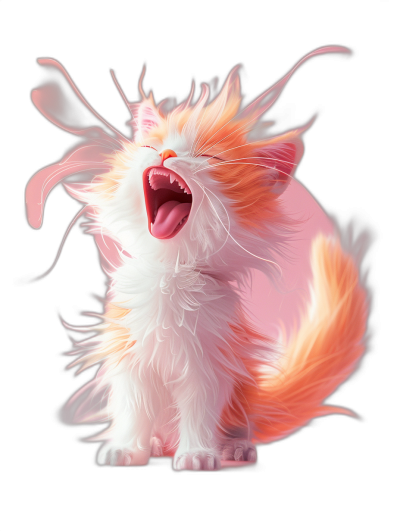 realistic digital illustration of an adorable cat meowing, with fluffy white and pink fur and orange accents on its face, mouth open wide showing teeth, in a playful pose, on a pure black background, with soft lighting highlighting the hair's texture, high resolution, high detail, digital art in the style of [Artgerm](https://goo.gl/search?artist%20Artgerm) and in the style of [Greg Rutkowski](https://goo.gl/search?artist%20Greg%20Rutkowski) and in the style of [Alphonse Mucha](https://goo.gl/search?artist%20Alphonse%20Mucha)