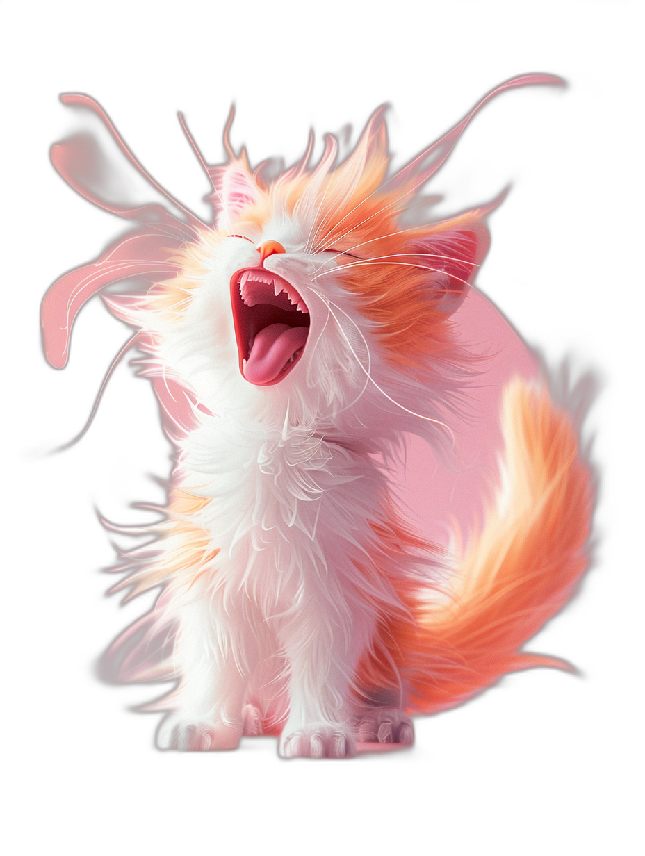 realistic digital illustration of an adorable cat meowing, with fluffy white and pink fur and orange accents on its face, mouth open wide showing teeth, in a playful pose, on a pure black background, with soft lighting highlighting the hair’s texture, high resolution, high detail, digital art in the style of [Artgerm](https://goo.gl/search?artist%20Artgerm) and in the style of [Greg Rutkowski](https://goo.gl/search?artist%20Greg%20Rutkowski) and in the style of [Alphonse Mucha](https://goo.gl/search?artist%20Alphonse%20Mucha)