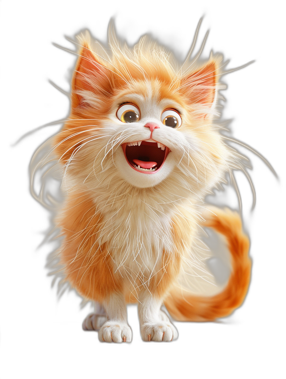 A cute happy smiling orange and white fluffy cat against a black background in the style of Disney Pixar character design, 3D rendered in ZBrush.