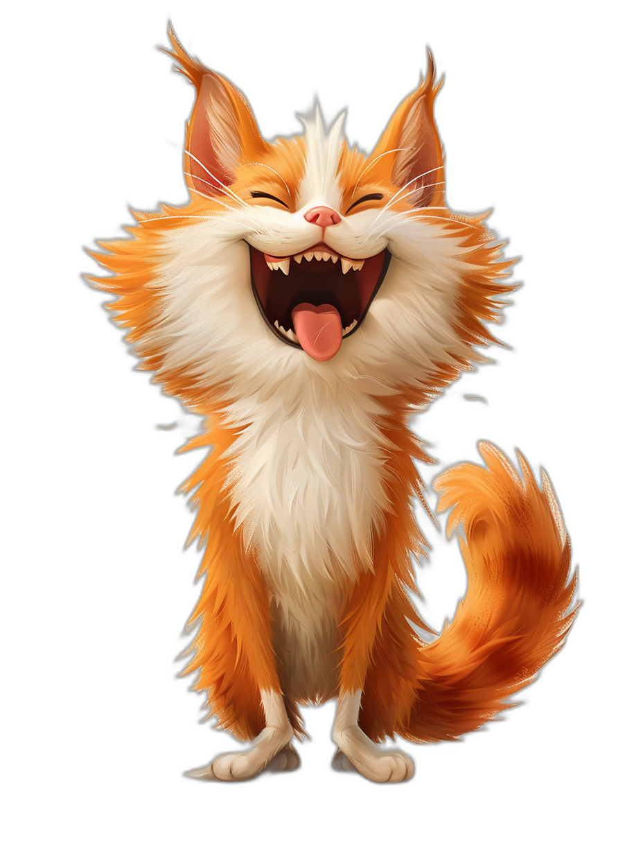 Smiling fluffy orange and white cat with large teeth, concept art cartoon digital painting, full body character design on black background, in the style of ArtStation.