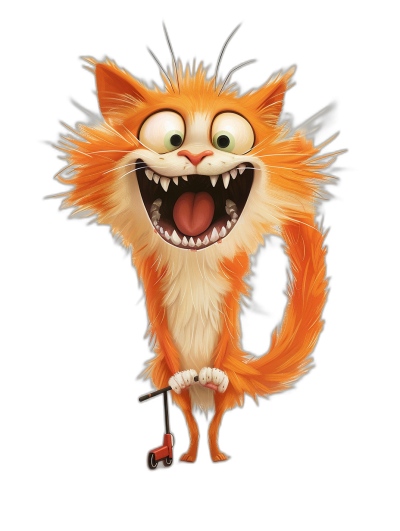 A funny cartoon orange cat with a white belly is laughing and smiling while holding his red scooter in the air in the style of Disney. The black background is in the style of Pixar. It is a full body shot with detailed fur on the face, a fluffy tail, a cute expression, big eyes, and an open mouth showing teeth. The colors are vibrant and the image is high resolution and high quality.