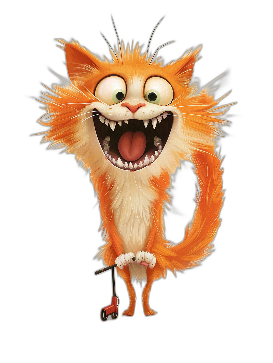 A funny cartoon orange cat with a white belly is laughing and smiling while holding his red scooter in the air in the style of Disney. The black background is in the style of Pixar. It is a full body shot with detailed fur on the face, a fluffy tail, a cute expression, big eyes, and an open mouth showing teeth. The colors are vibrant and the image is high resolution and high quality.