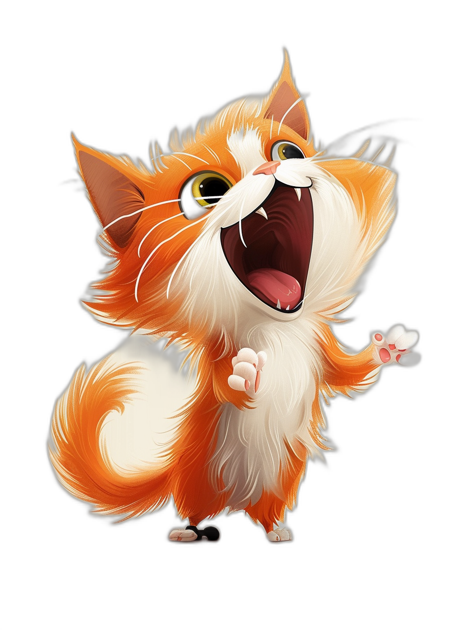 A cute happy orange and white cat with its mouth open, in the style of Disney style cartoon character design, full body concept art on black background, in the style of Pixar style.