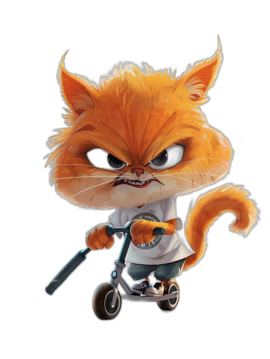 A cute chibi orange cat character with an angry expression, wearing a white t-shirt and black shorts riding on a scooter, digital art in the style of Pixar Disney studio, full body portrait, black background, high resolution