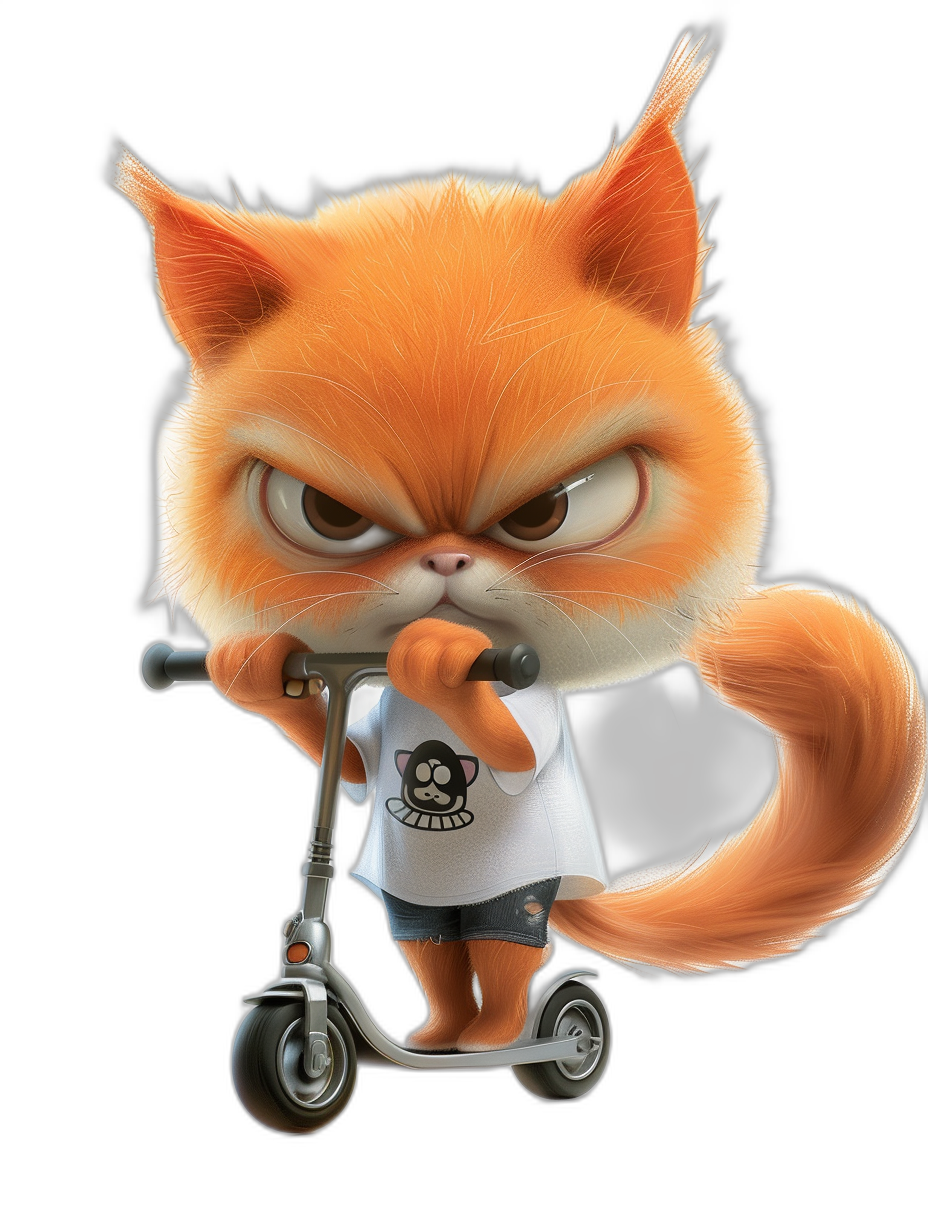 Grumpy orange cat cartoon character wearing a white t-shirt and black shorts riding a scooter, with an angry facial expression, against a dark background, hyper realistic game item in the style of ArtStation with epic detailed eyes, in the art style of Pixar animation.