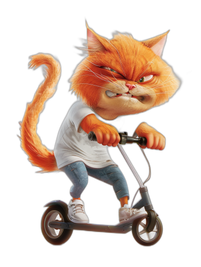 Character design of an orange cat with a grumpy face, wearing a white t-shirt and blue jeans riding on a scooter, black background, in the style of Pixar, 3D cartoon character