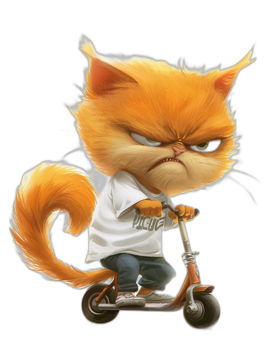 grumpy orange cat wearing a white t-shirt and jeans riding a scooter in the style of Pixar, on a black background, high resolution