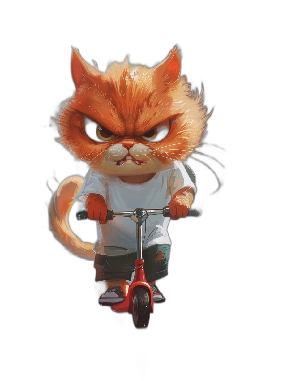 Cute cartoon orange cat riding scooter, wearing white T-shirt and black shorts with dark red shoes, angry expression, exaggerated movements, solid background, full body portrait, front view, high definition photography, 3D rendering of details, movie lighting, ultra-high resolution, best quality