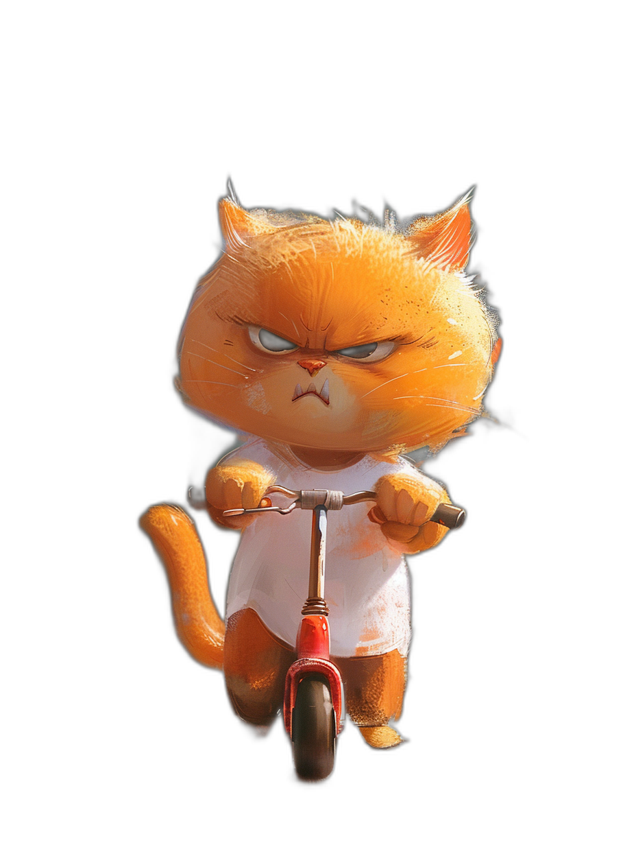 Cute orange cat character with an angry expression, wearing a white t-shirt and shorts while riding a scooter against a black background, in the style of Pixar.