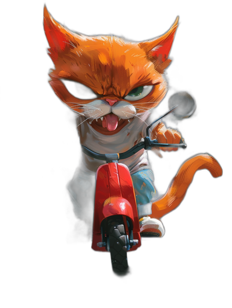 front view of an angry orange cat riding on the back of a motorcycle, black background, in the style of [Tiago Hoisel](https://goo.gl/search?artist%20Tiago%20Hoisel) and in a caricature style, playful character design, cute illustration, bold colors, graphic novel-inspired characters, full body, digital art