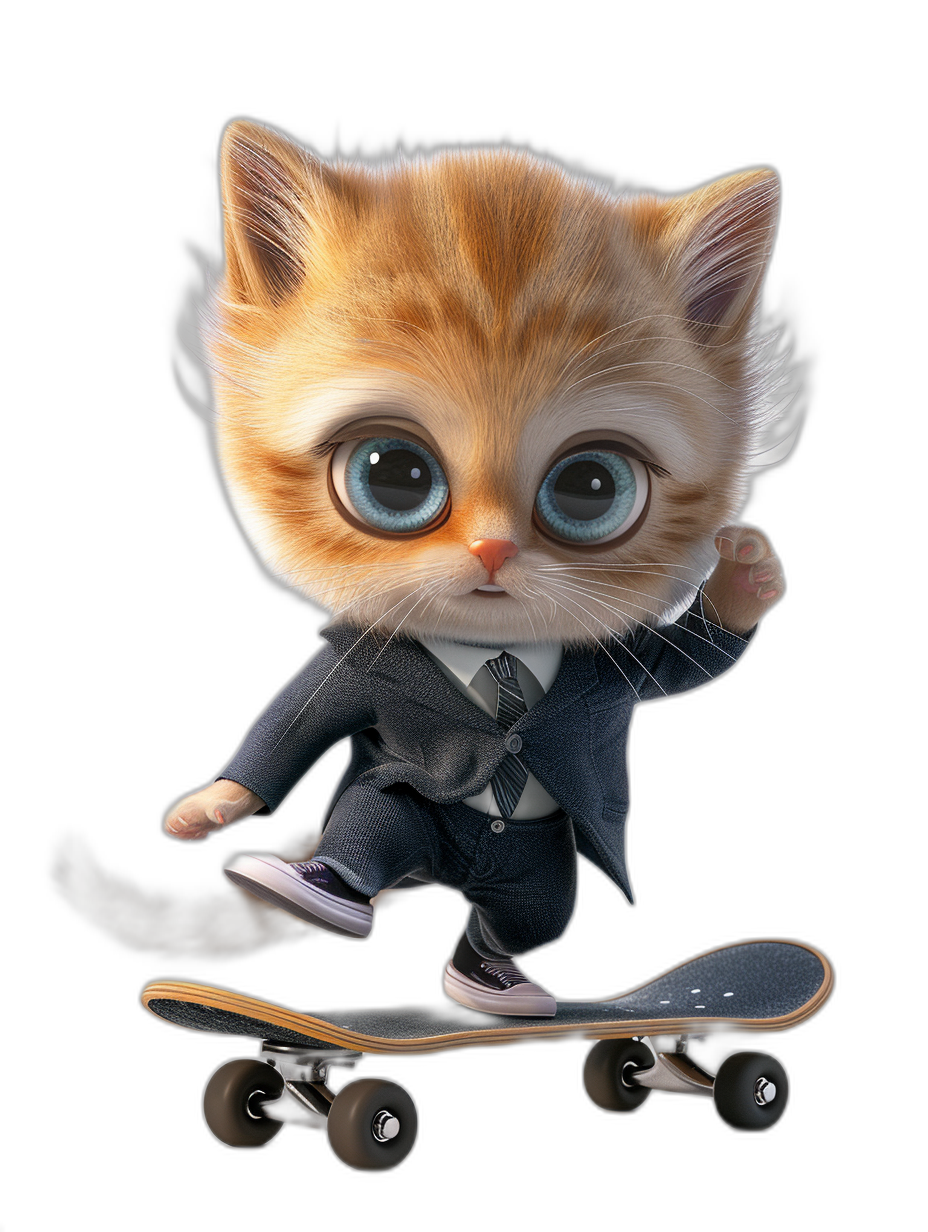 Cute cartoon kitten, wearing a suit and tie, riding a skateboard, with big eyes, on a black background, in high definition.