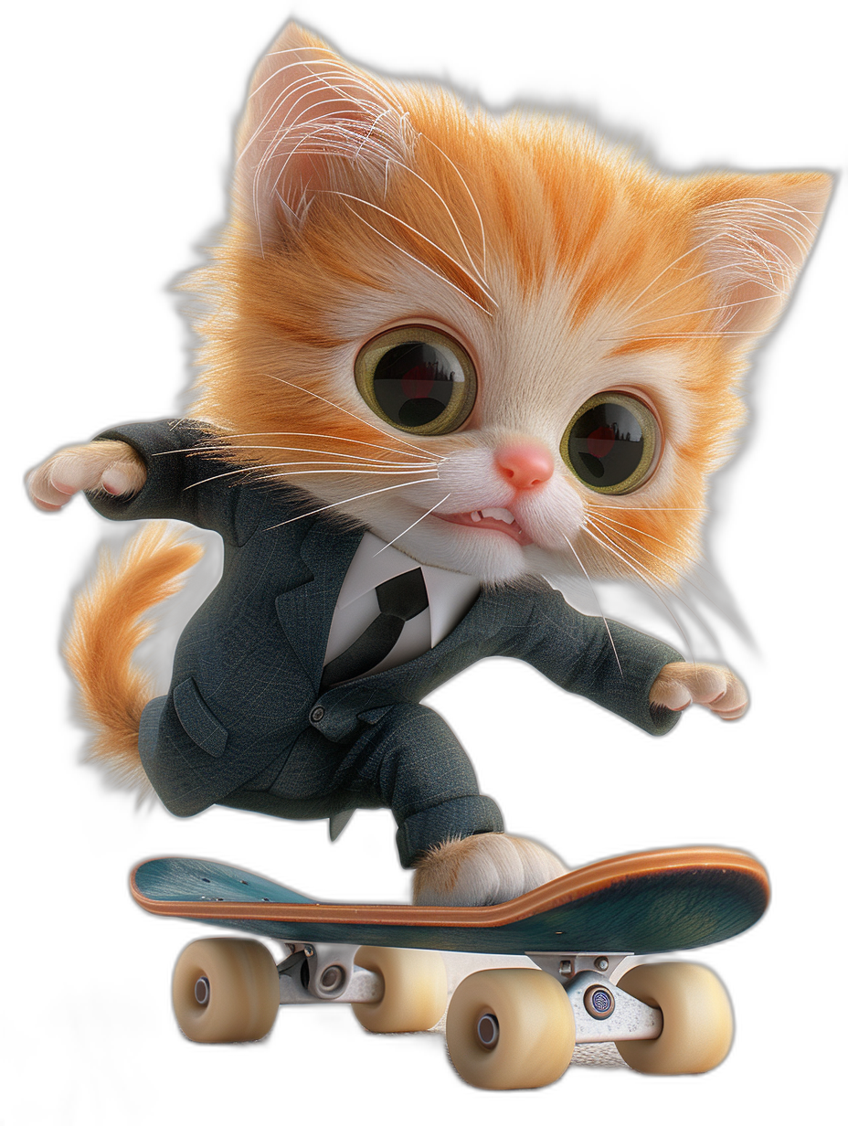 Cute orange cat in a suit riding on a skateboard, black background, with cute big eyes and a smiling face, in an adorable pose, photo realistic, high resolution, with high details, 3D rendering, in the style of Pixar.