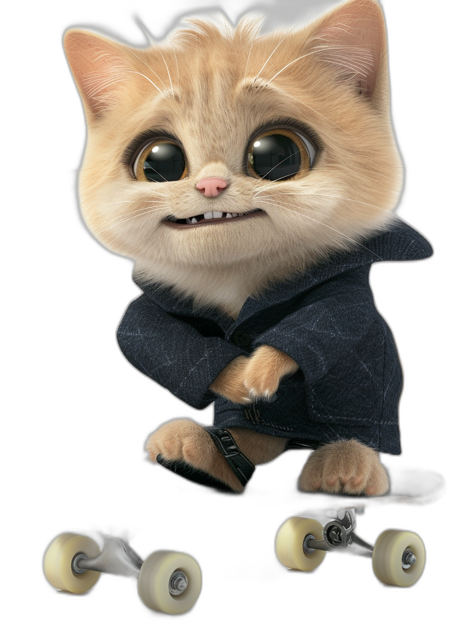 A cute and happy baby cat with big eyes, wearing dark blue  and riding on a skateboard against a black background in the style of Pixar, with high resolution and highly detailed.