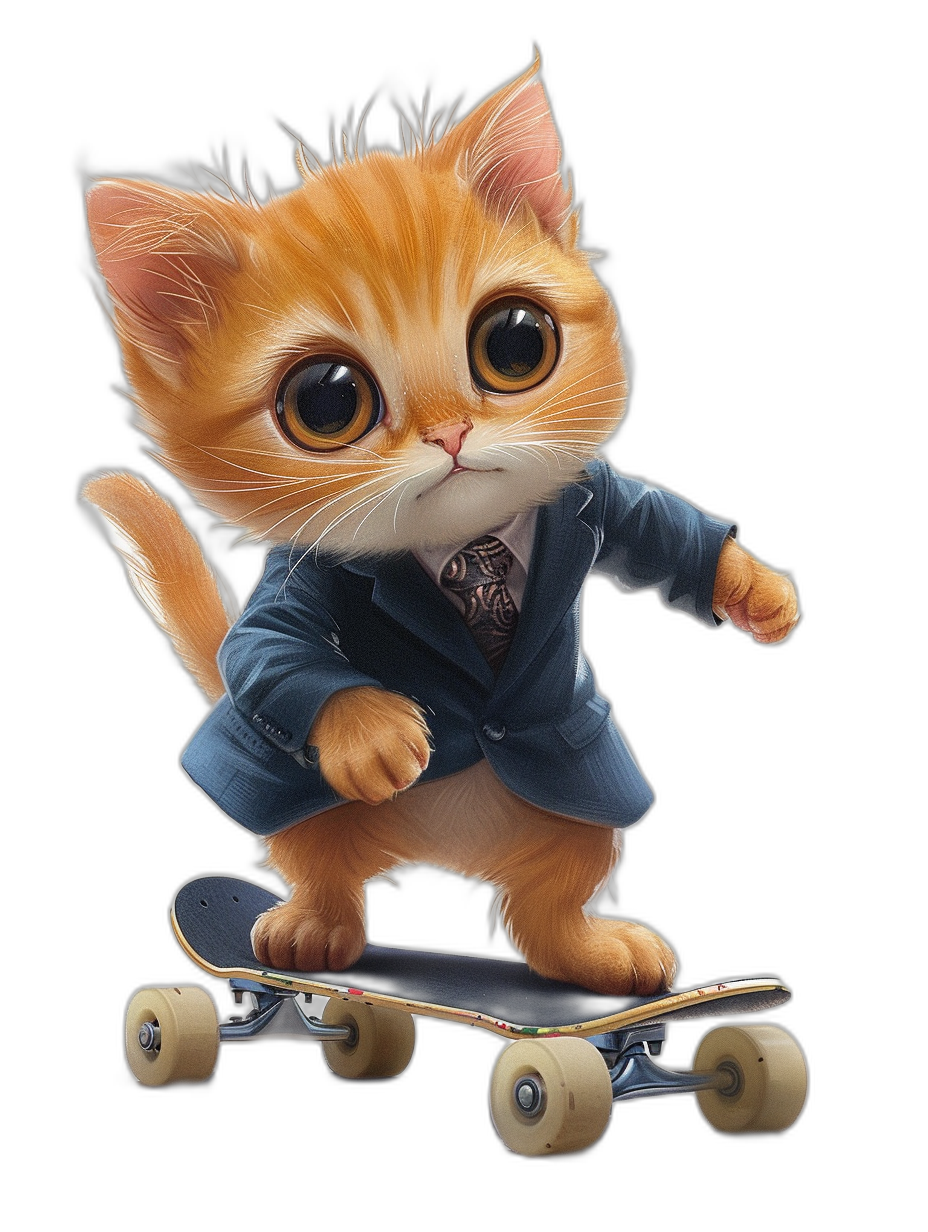 A cute ginger cat in a suit riding on a skateboard, with big eyes, on a black background, in a 3D rendered style, in the style of Pixar.