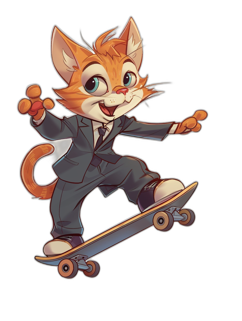 Cute cartoon cat in a suit riding a skateboard, in the vector illustration style with a black background, detailed character design, cartoon realism, caricature faces, playful and whimsical, high resolution