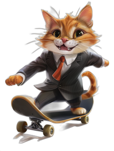 A happy ginger cat in a suit and tie, riding on a skateboard. Cartoon character in the style of [Tiago Hoisel](https://goo.gl/search?artist%20Tiago%20Hoisel), caricature-like, playful realism, full body view isolated on a black background with no shadow of hands.