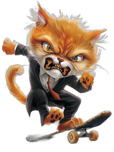 realistic digital illustration of an angry ginger cat in suit and tie, riding on skateboard, black background, bold colors, high contrast