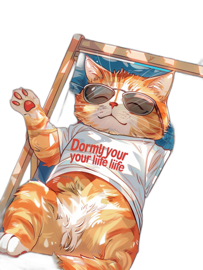 An orange cat wearing sunglasses and a white t-shirt with red text "Dormy your life", lying on a sunbed, black background, in the style of anime.