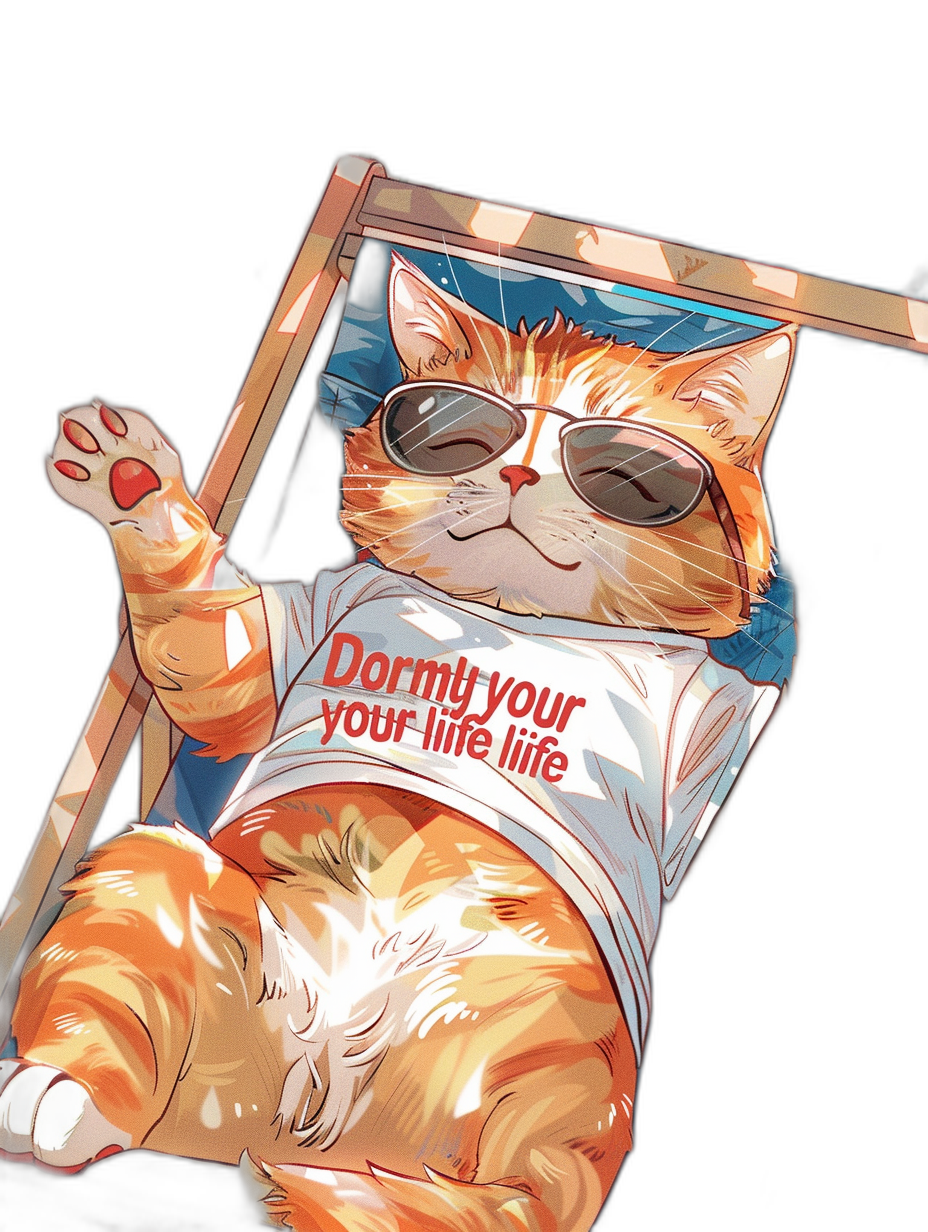 An orange cat wearing sunglasses and a white t-shirt with red text “Dormy your life”, lying on a sunbed, black background, in the style of anime.