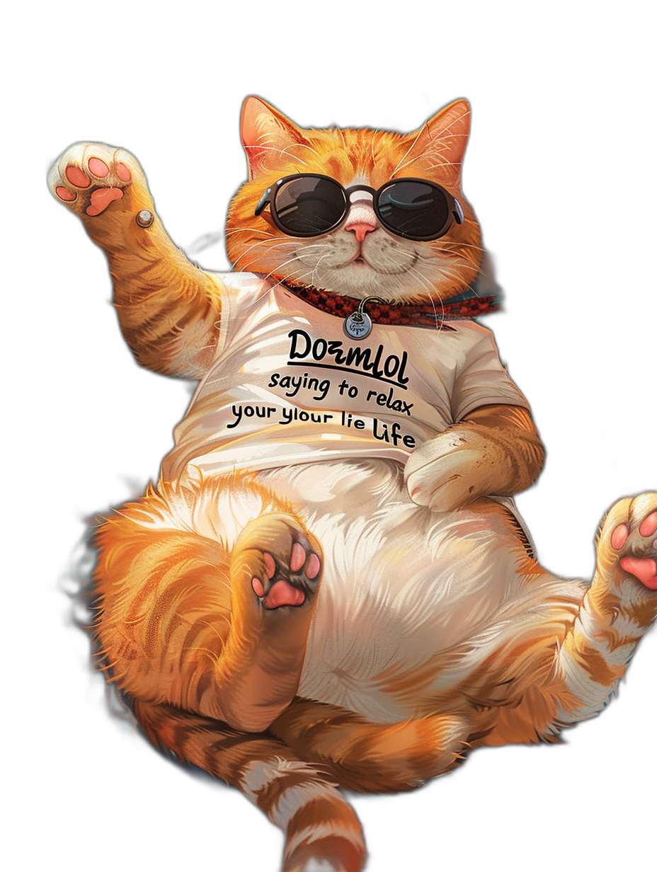 digital art of a fat orange cat wearing sunglasses and a white t-shirt with text “doomful relax your life”, one leg up, on a black background, with a chilling happy smile, cute, adorable.