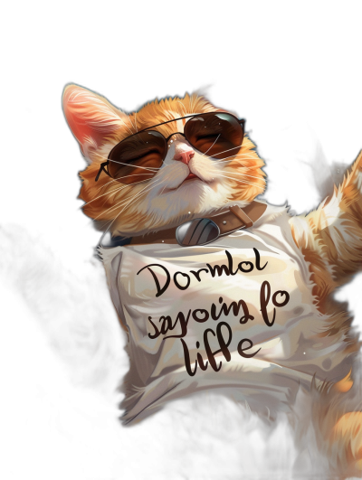 a cute orange cat wearing sunglasses and holding up an arm with the words "Dormolemonl לזRun to Life" written on it, black background, digital art style