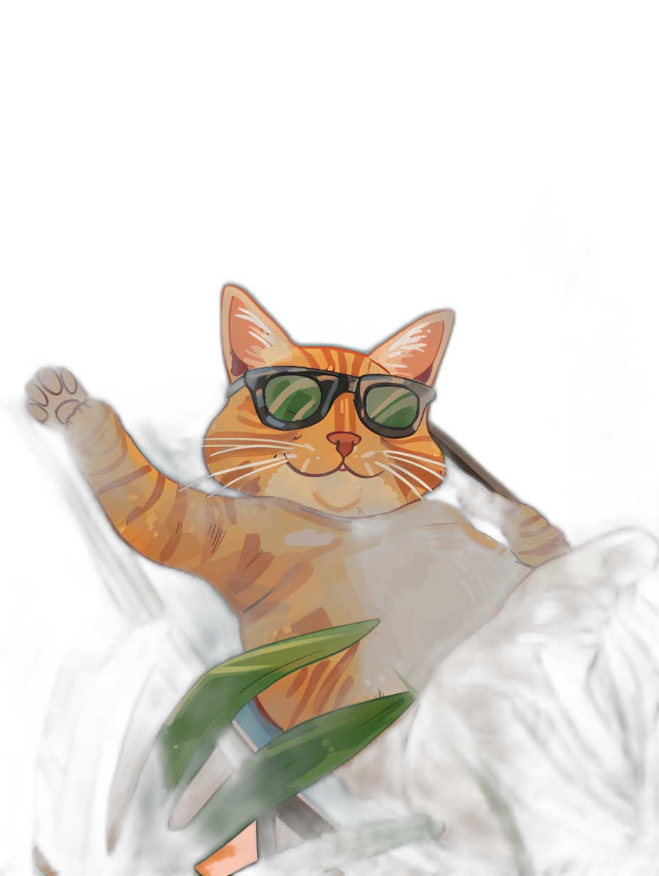 digital art of cute and fat orange cat , wear sunglasses, sitting on the car seat with black background , wearing tshirt with green leaf pattern , chill happy smile , hand up to make fist pose