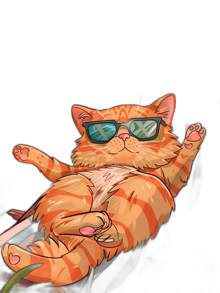 A cartoon drawing of an orange cat wearing sunglasses laying on its back with legs up in the air, in the style of vector art on a black background.