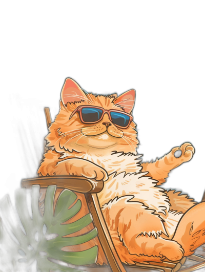 digital art of cute and fat orange cat , wearing sunglasses, sitting on the deck chair with one leg up , black background , chilling happy and funny