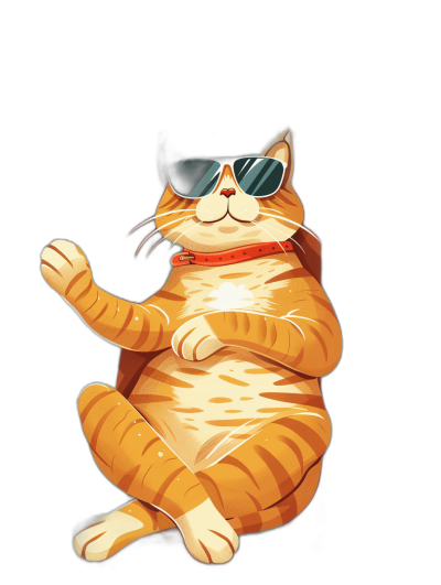 digital art of cool fat orange cat , wearing sunglasses and pose like kungfu, simple black background , minimalism , cute