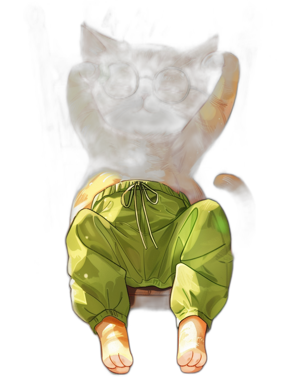 A cat in glasses and green pants sits on its hind legs, smiling with closed eyes against a dark background. The drawing is made in the style of anime, with main colors being brown and yellow-green shades. It has high detail and resolution, like a masterpiece.