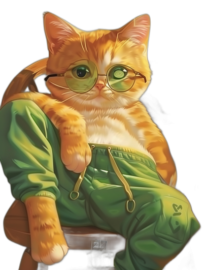 An orange cat with green eyes, wearing glasses and baggy emerald-colored pants sitting on the chair, in the style of vintage anime, black background, vector art, digital painting, sharp focus, hyper-realistic detail, high resolution, no blur, fantasy illustration.