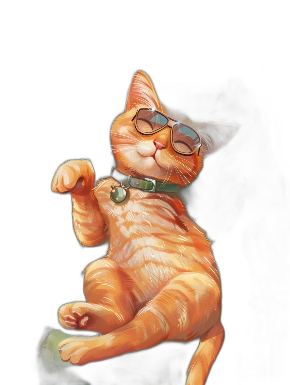 digital art of a cute and fat orange cat, wearing sunglasses on a black background, one paw up in the air, wearing a collar with a bell around its neck, in the style of pastel color painting.