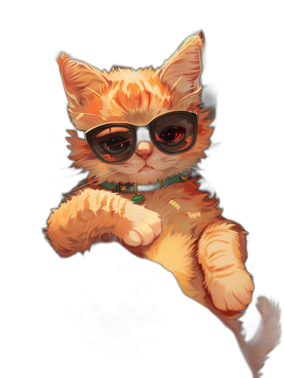 digital art of a cute kitten, wearing sunglasses and a collar, holding an angle shot in a dark background, with a playful character design, in a red pastel tone, on a plain black background.