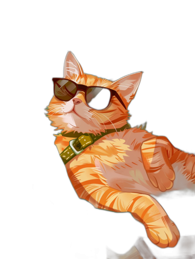 illustration of orange cat wearing sunglasses and green collar, lying on black background, cartoon style, cute, adorable, high resolution, procreate app for iphone wallpaper, isolated from the edges of the screen, bright colors, low details, digital art
