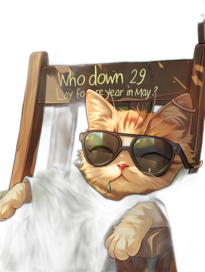 A cute cat with sunglasses sitting on the chair, in front of him is written "Who down for one year in May?" and above it there's a sign saying "29", in the style of cartoon.