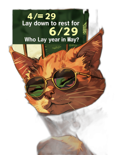 An orange cat wearing sunglasses is lying down, with the text "4 Patricia Leung" written on its forehead and another message saying "Lay down to rest for 6/29. Who lay here in May?" below. The background of this digital illustration features a black color scheme and is in the style of anime with flat design techniques. There must be no shadows or highlights, and there will not be any realistic effects such as bokeh or depth of field.