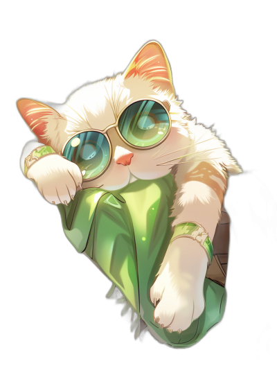 Cute white cat wearing green  and sunglasses, with a character design in the style of anime, black background, cute expression, high definition, high resolution, high detail, high quality.